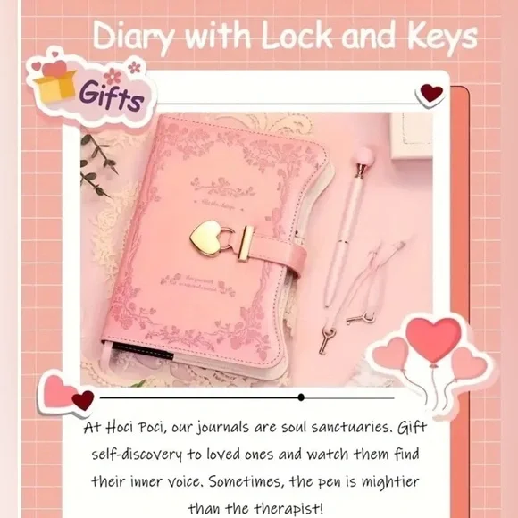 Pink Heart Lock Diary with Pen - Picture 1 of 4